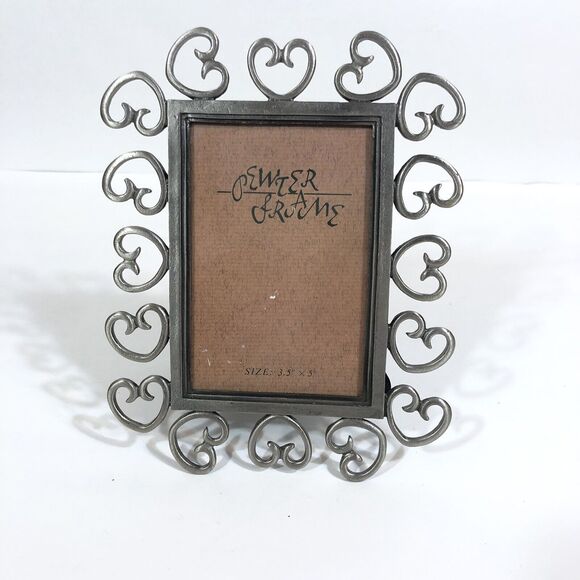 Pewter Picture Frame Hearts 3.5" x 5" Open Work Vintage Retro Back Stand - Picture 1 of 6